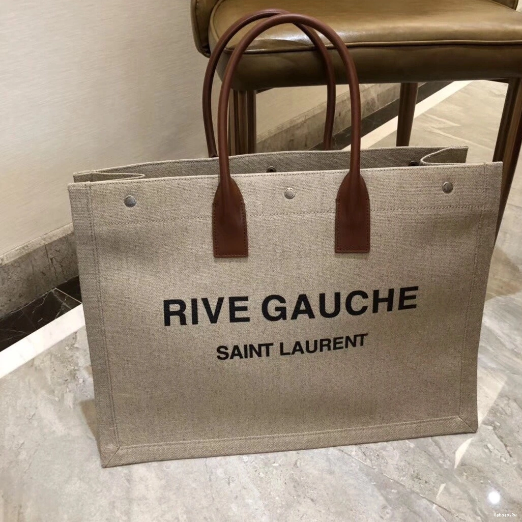 YSL GAUCHE LEATHER BAG LINEN TOTE IN AND RIVE PRINTED 0728